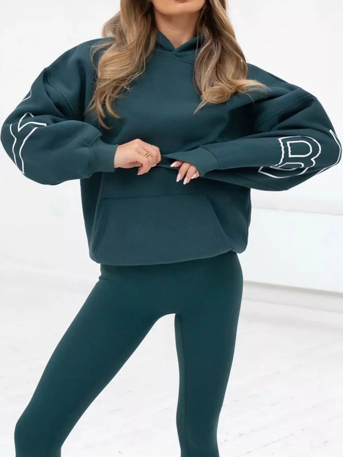 Teal letter-print pullover hoodie with kangaroo pocket