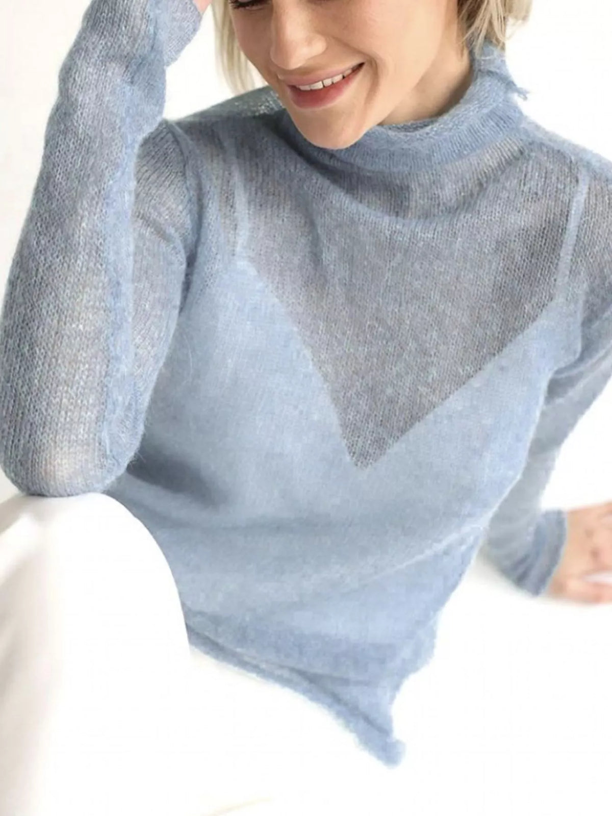 Women's Sheer Turtleneck Knit Top in light blue — neckline detail view