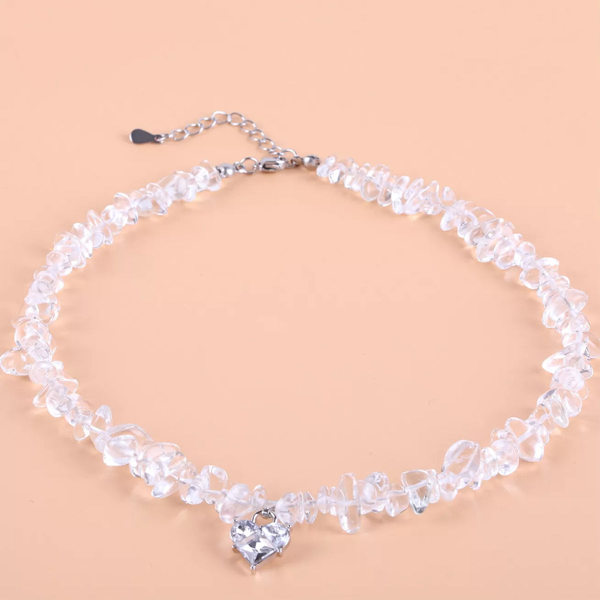 Silver crystal-chip heart pendant necklace, detail view