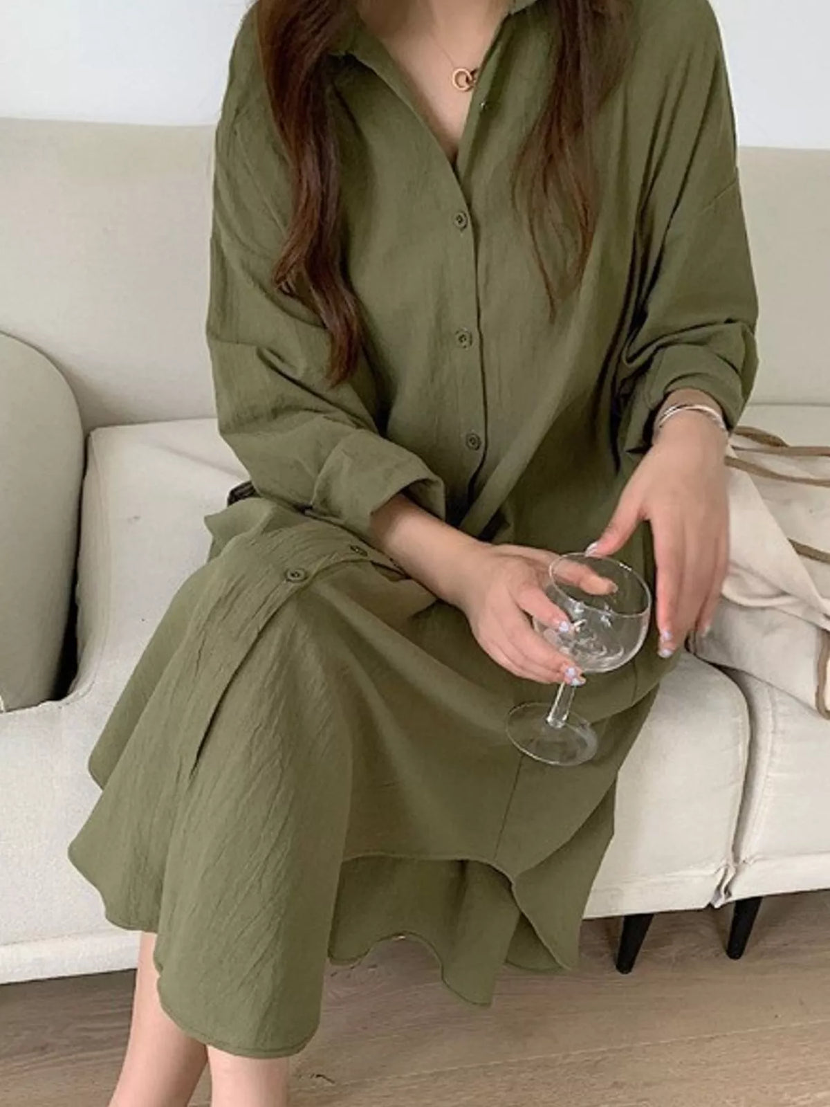 Collared long sleeve midi dress, front view on model