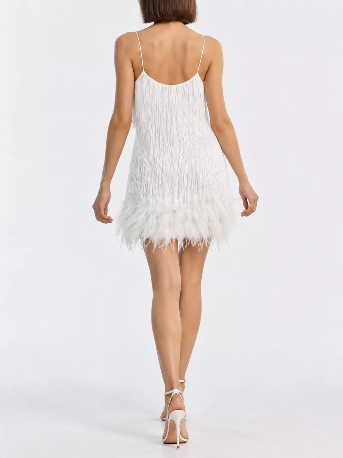 White feather fringe sequin mini dress, back view