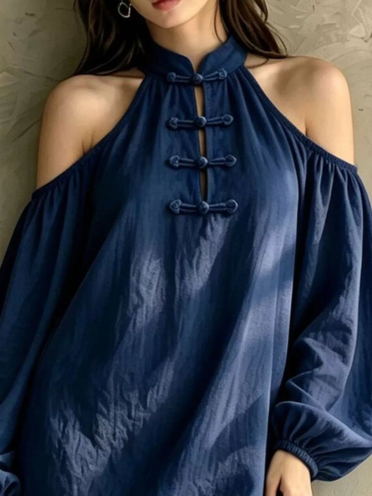 Trendsi Cold-Shoulder Balloon Sleeve Mini Dress -