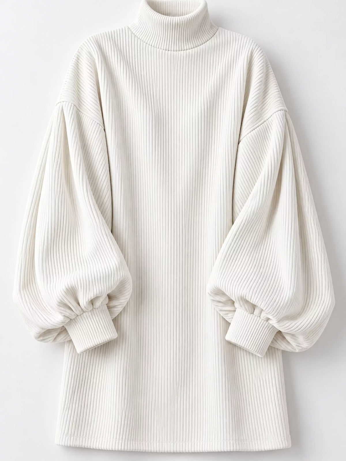 White corduroy mock neck lantern sleeve mini dress