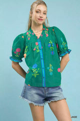 Trendsi Umgee Petal Parade Print Button-Down Blouse -