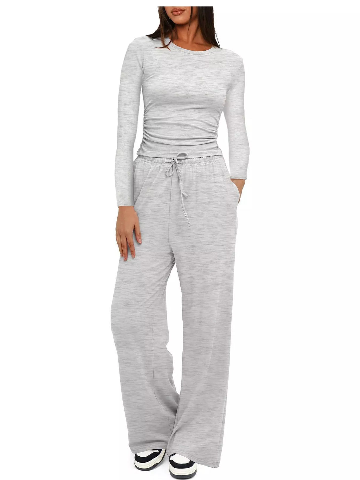 Long Sleeve Ruched Top and Wide-Leg Drawstring Pants Set — front view