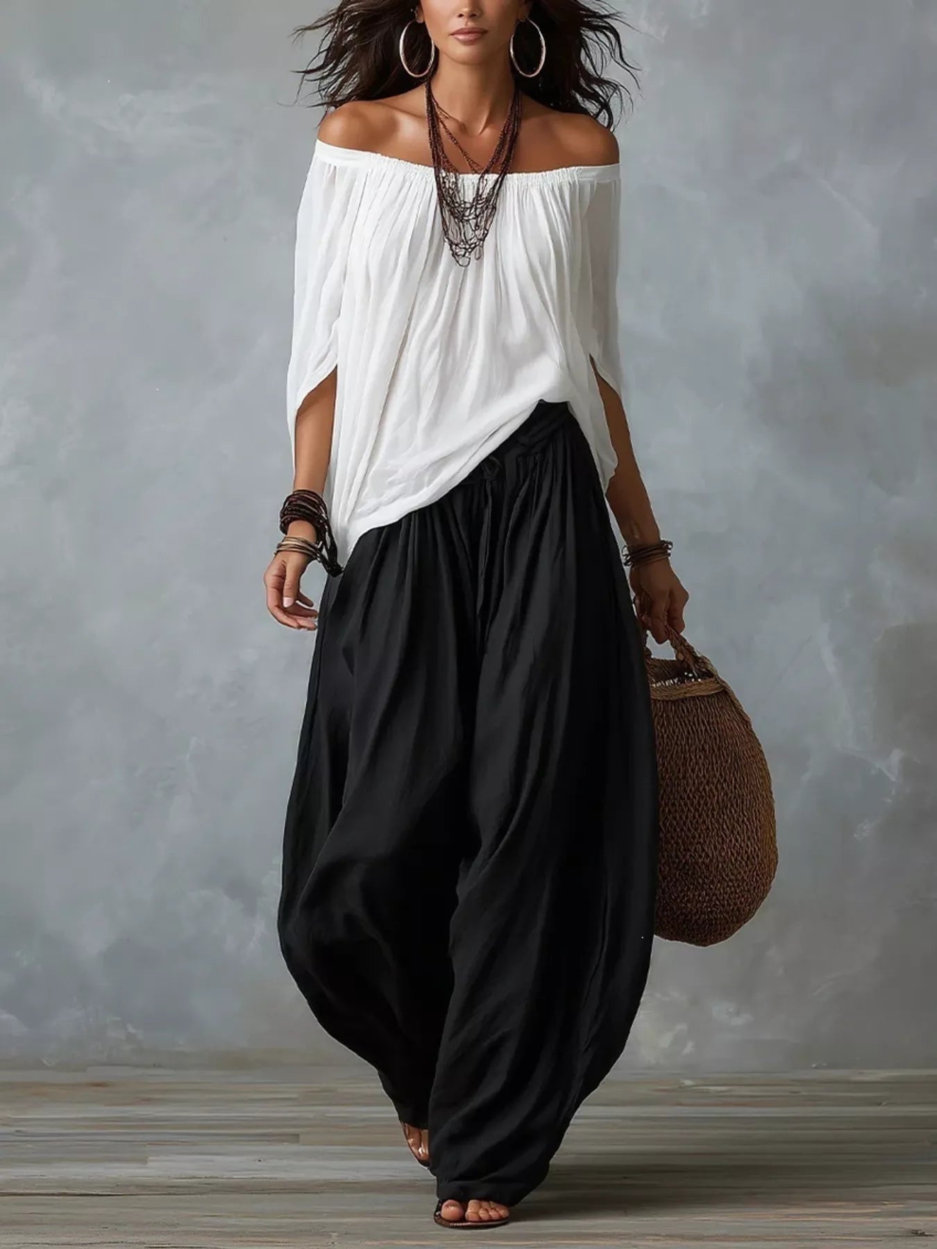 Trendsi Full Size Off-Shoulder Top and Wide-Leg Harem Pants Set Plus Size -