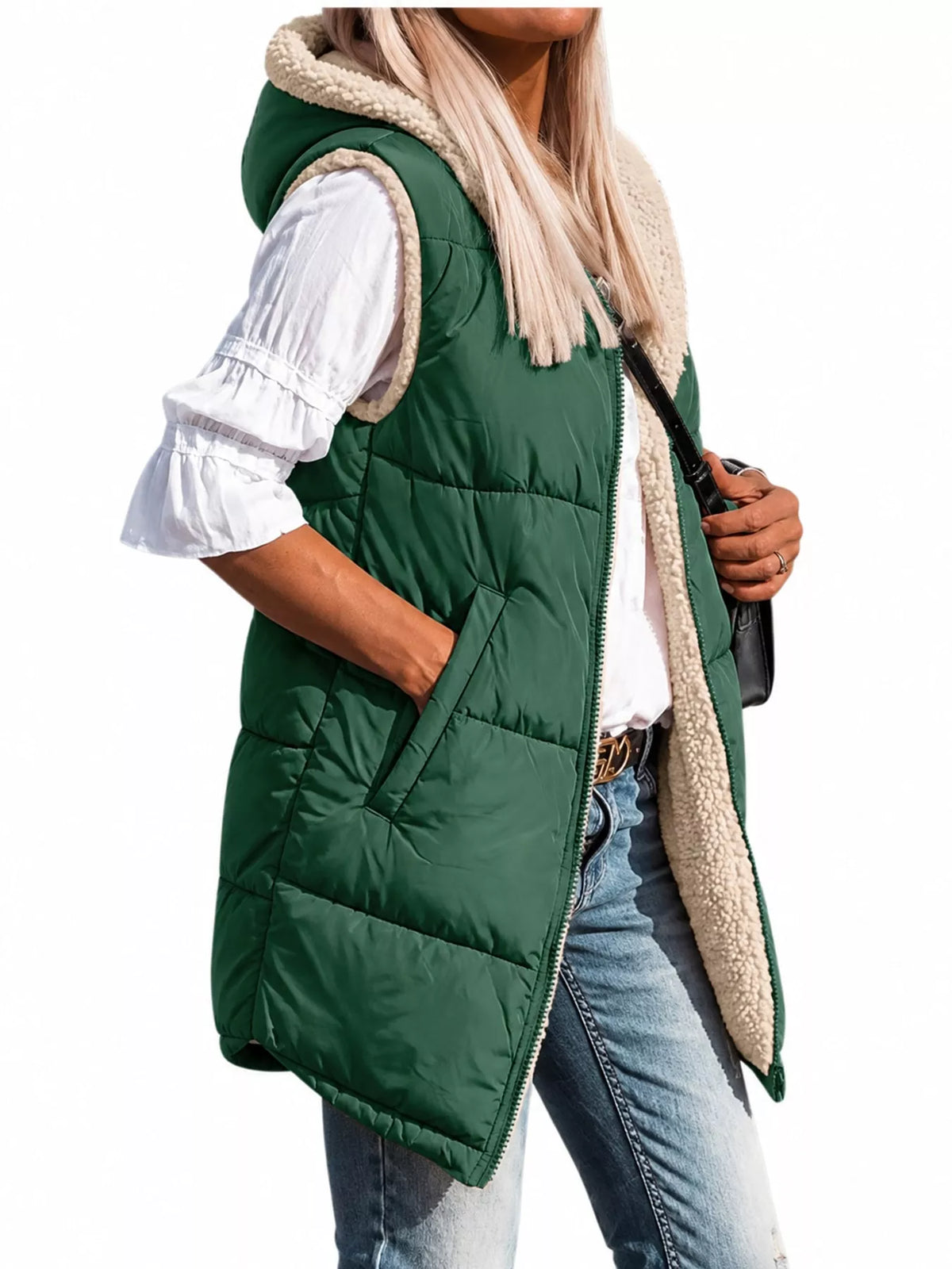Green hooded sherpa-lined puffer vest