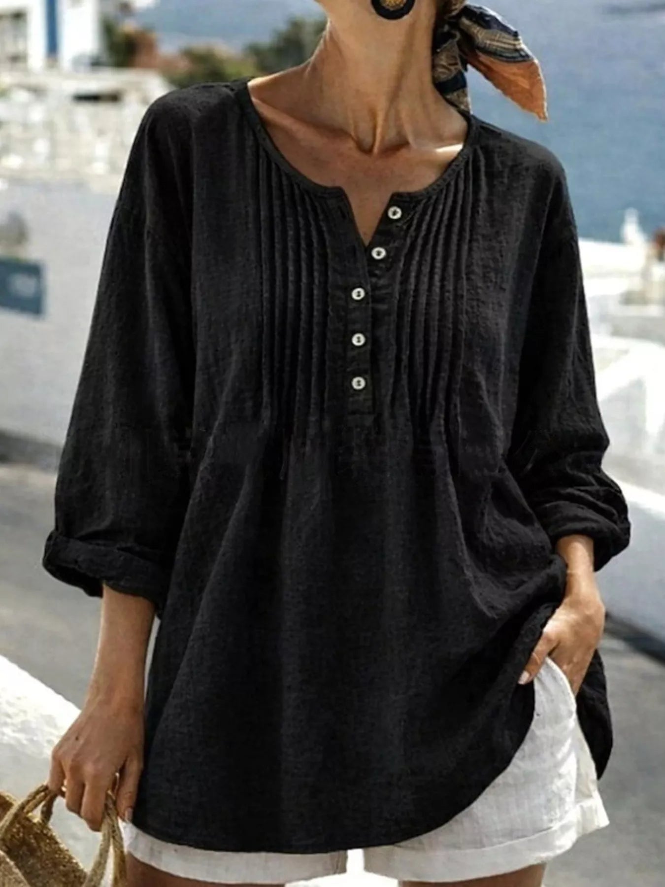 Trendsi Casual Button Detail Long Sleeve Linen Shirt -