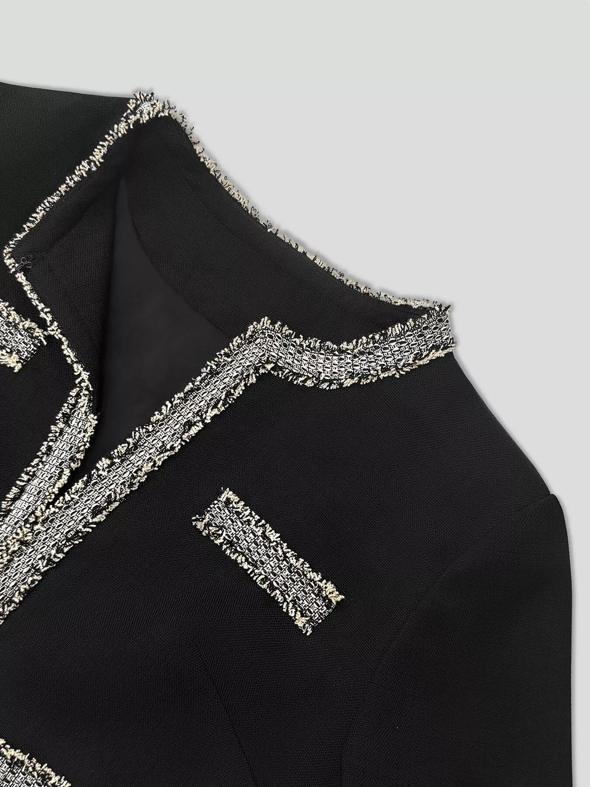 Black Tweed-Trim Open-Front Jacket neckline and trim detail