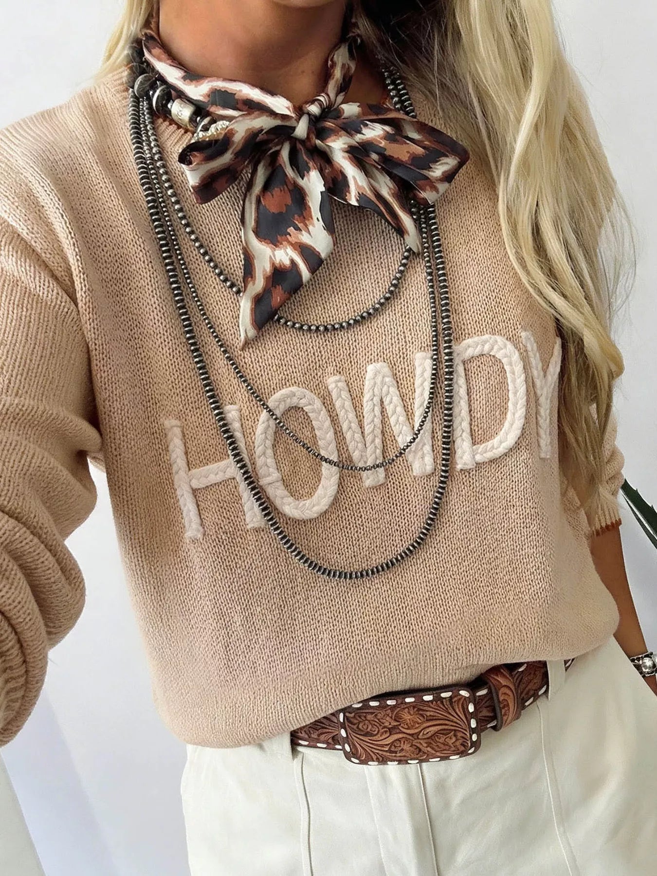 Trendsi Parchment Corder HOWDY Letter Graphic Crew Neck Relaxed Sweater -