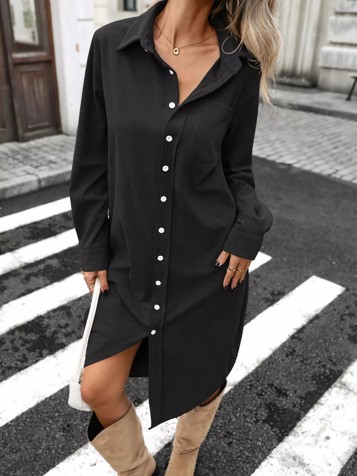 Trendsi Corduroy Shirt Dress with Button-Down Front -