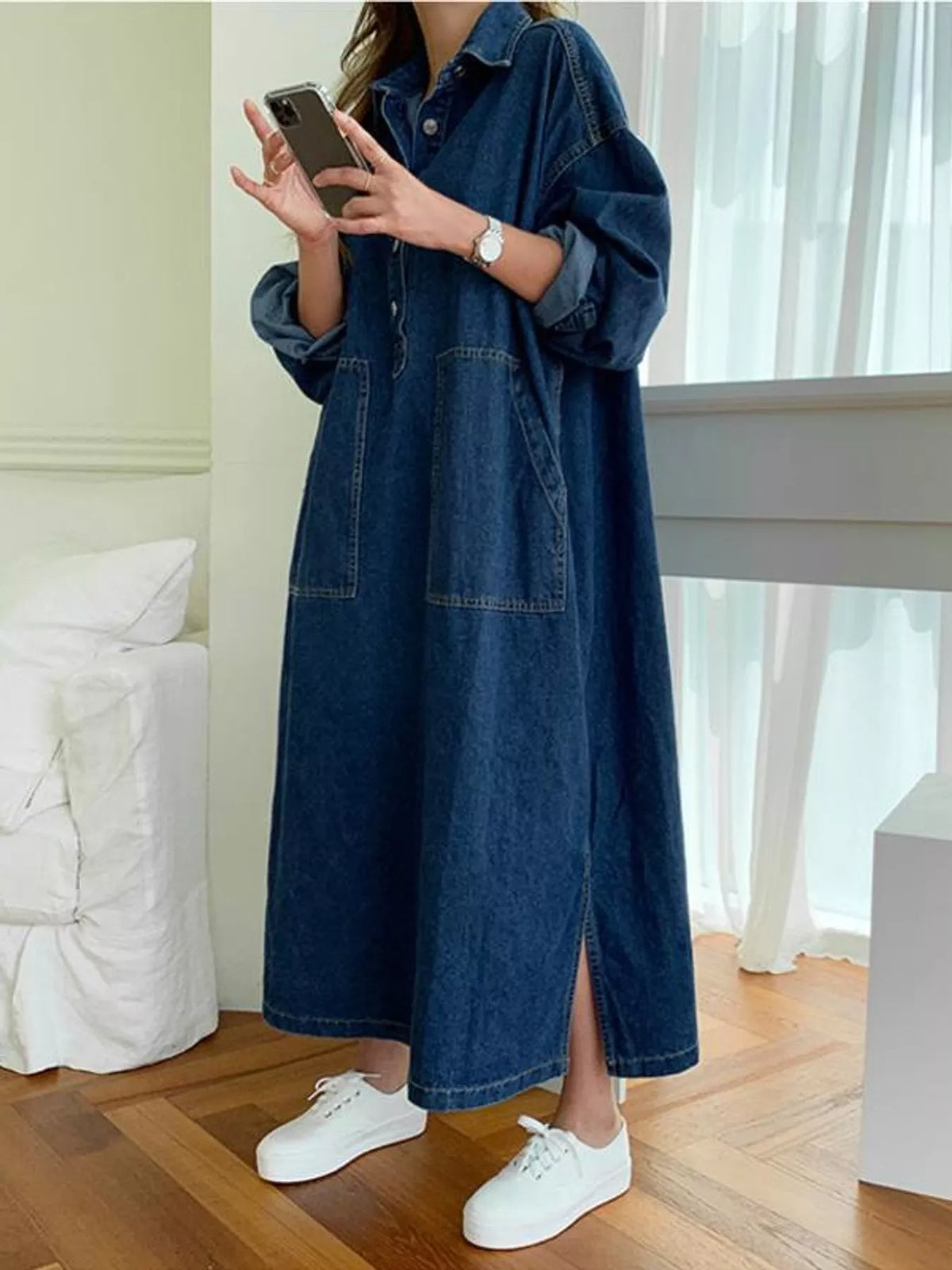 Blue button front denim shirt dress, front view