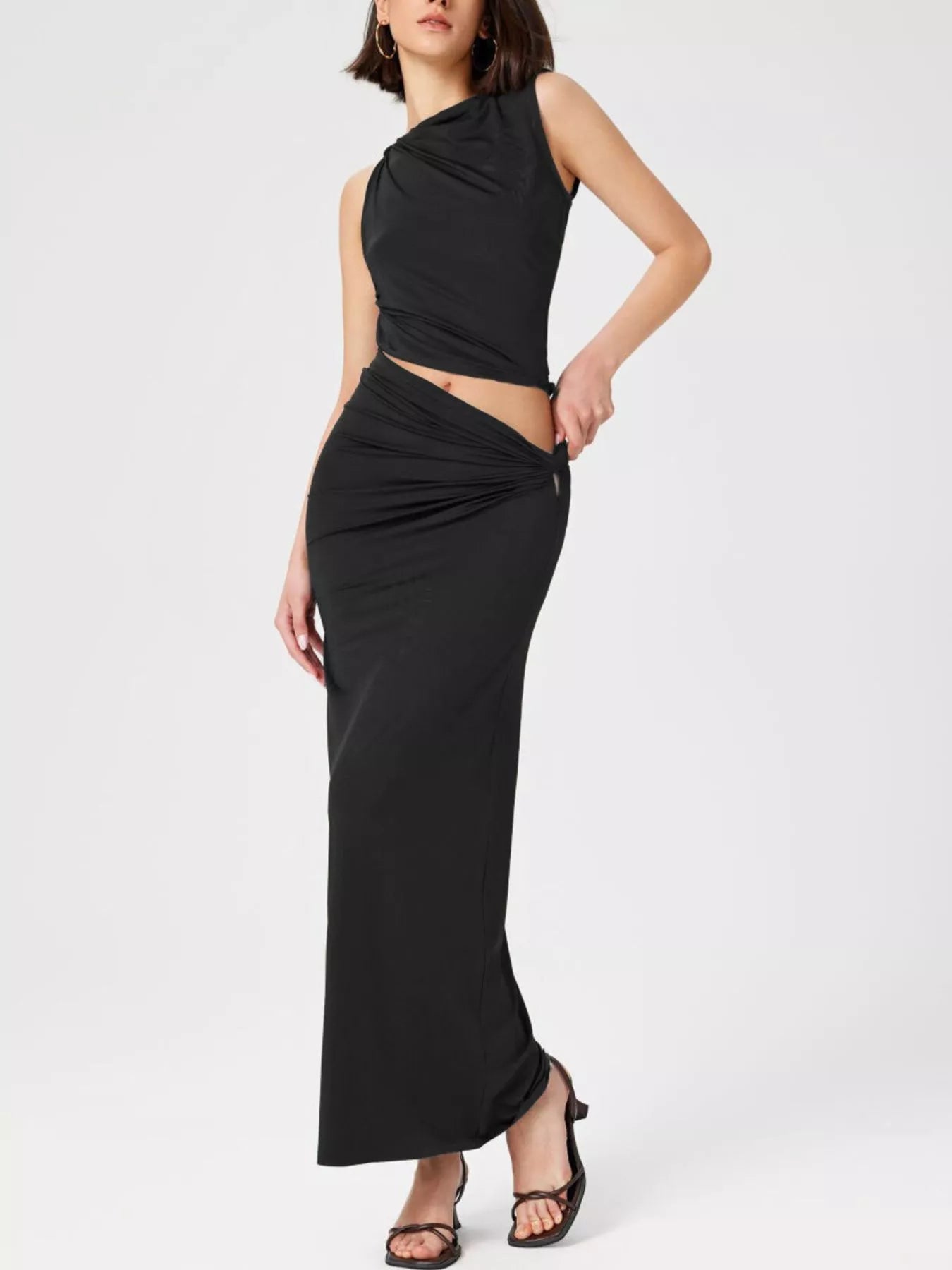 Trendsi Asymmetrical Ruched Knit Top and Skirt Set - Shirts