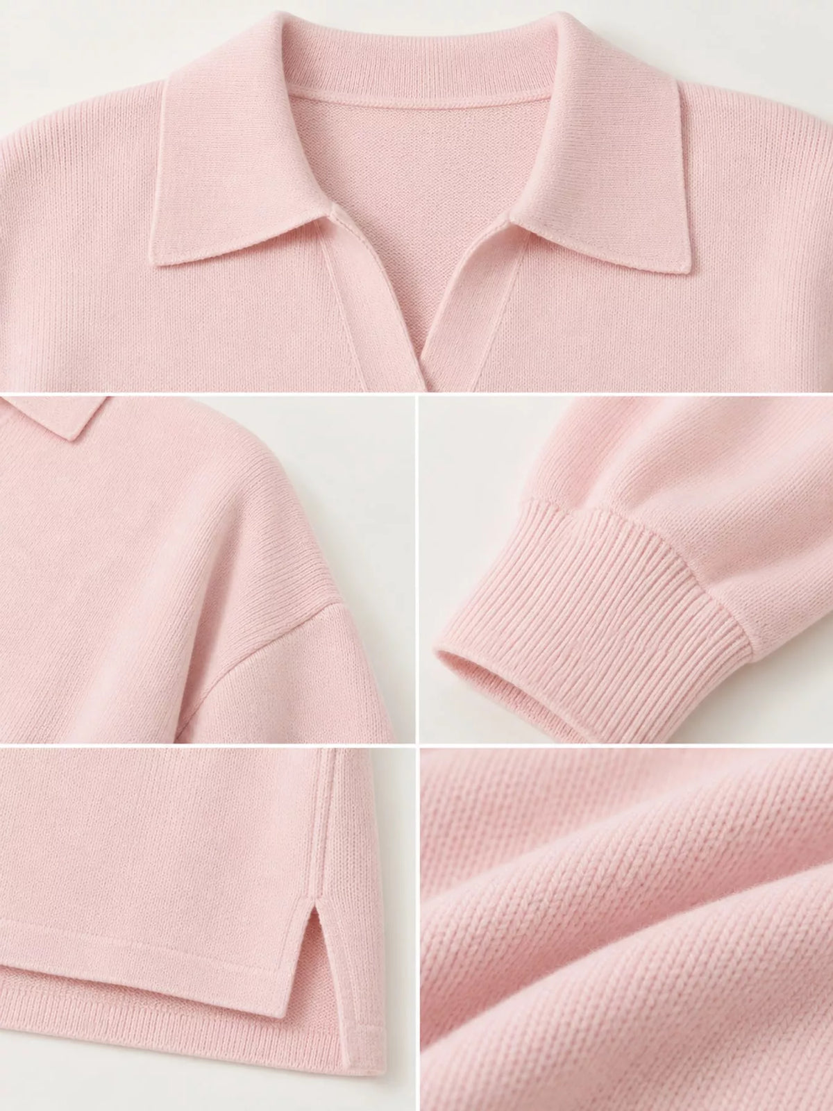Pink dropped shoulder polo collar sweater, detail view
