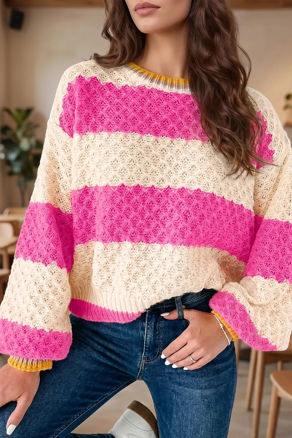 Trendsi Stripe Striped Colorblock Texture Drop Shoulder Sweater -
