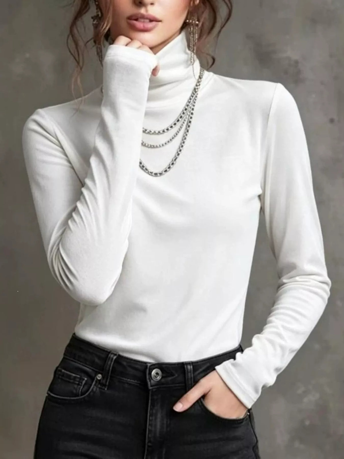 Velvet Turtleneck Long Sleeve T-Shirt in white, front view