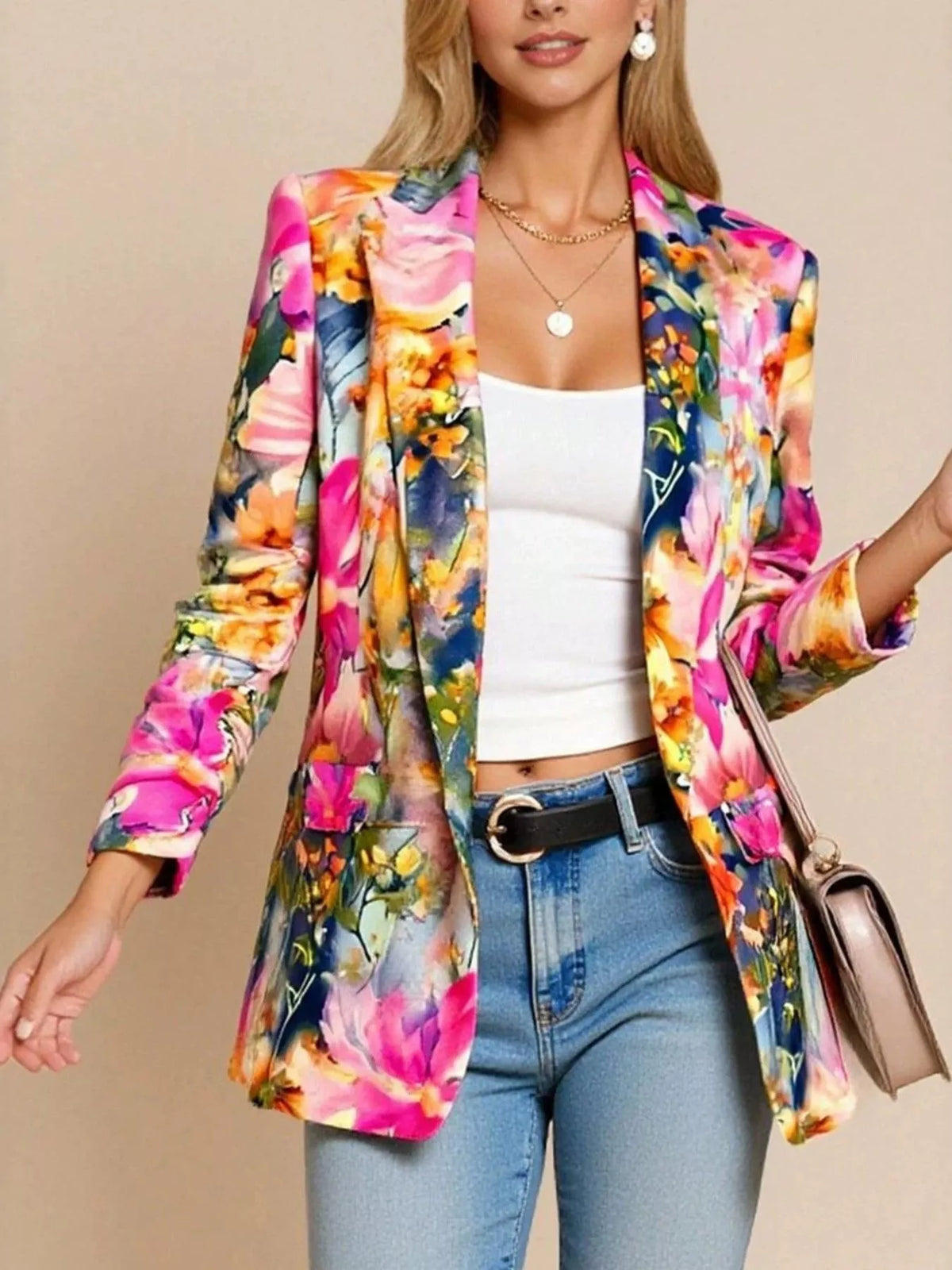 Hot Pink floral print button up blazer