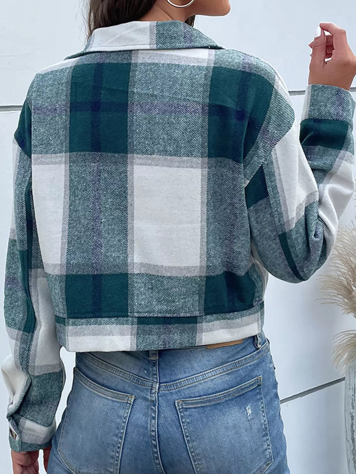 Plaid cropped jacket, green plaid back