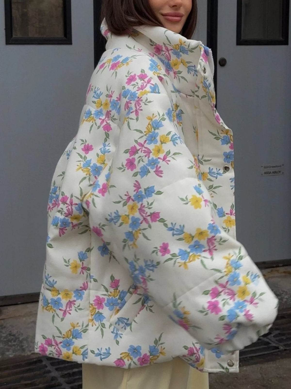 Floral Print Stand Collar Puffer Jacket, side view