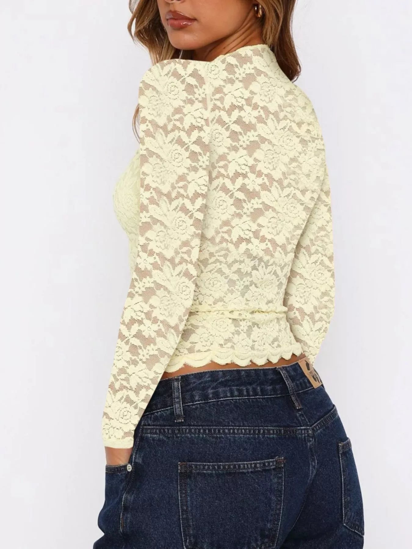 Trendsi Sheer Lace Long Sleeve V-Neck Top -