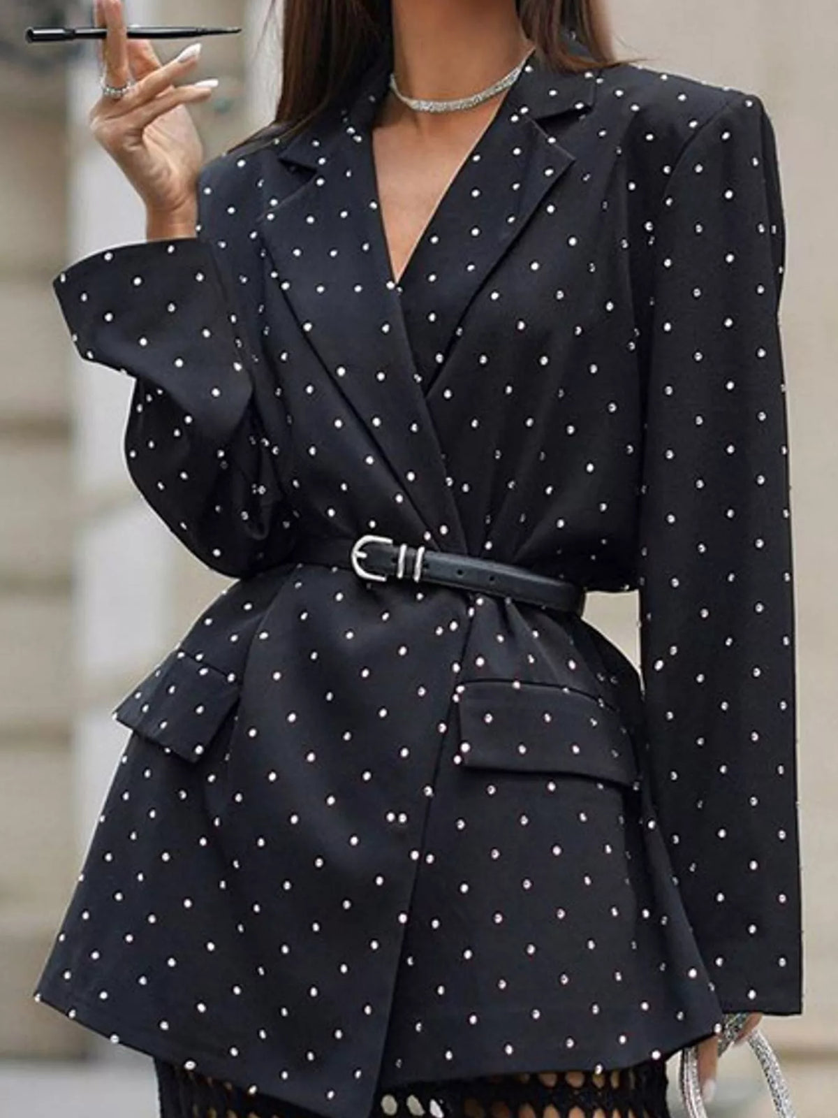 Collared long sleeve blazer, front view on model