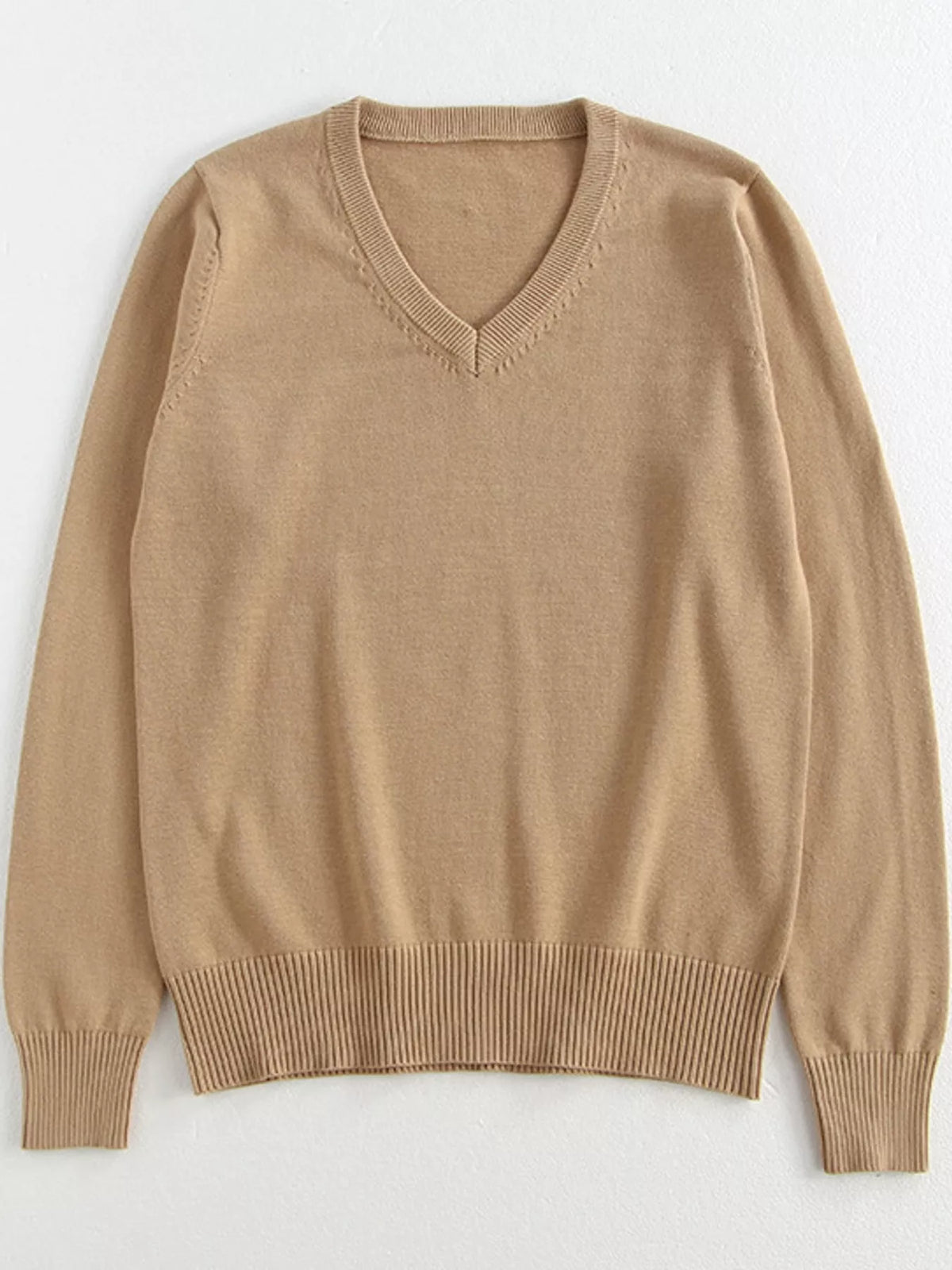 Women's V-Neck Long Sleeve Sweater in camel — flat lay view