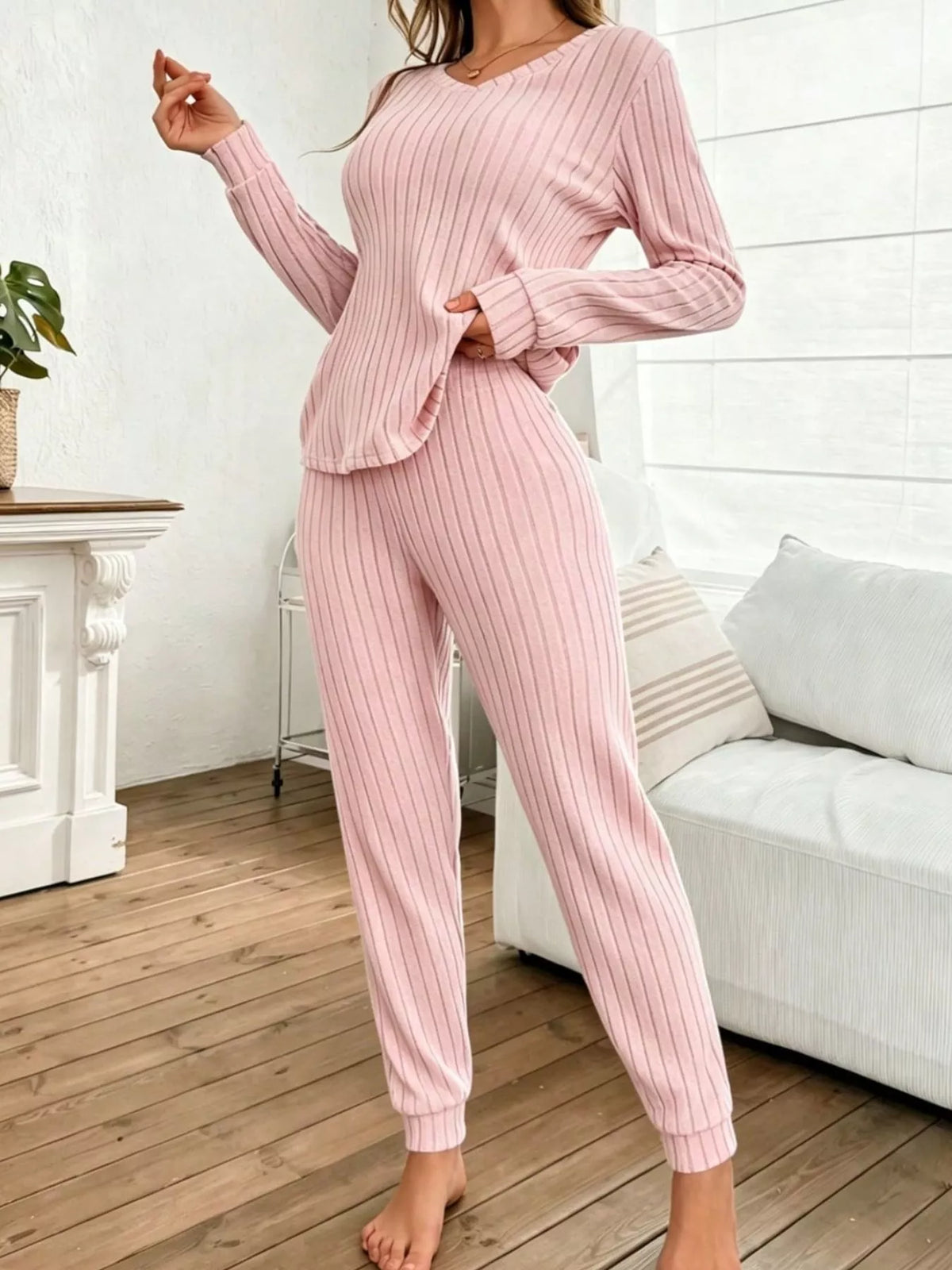 Ribbed Knit Long Sleeve Top and Pants Loungewear Set — front view