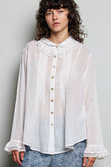 Trendsi POL Woven Lace Trim Pintuck Button-Down Shirt -