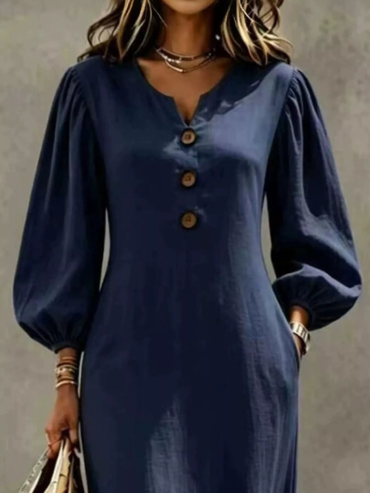 Navy balloon-sleeve maxi dress, neckline and sleeve detail