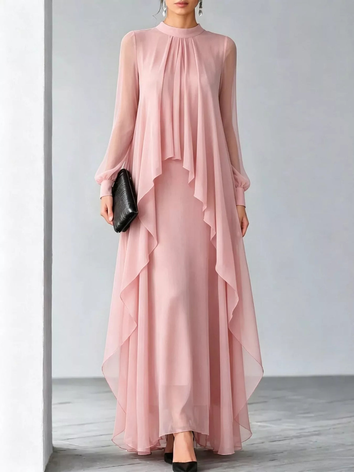 Sheer Sleeve Chiffon Layered Maxi Dress in pink