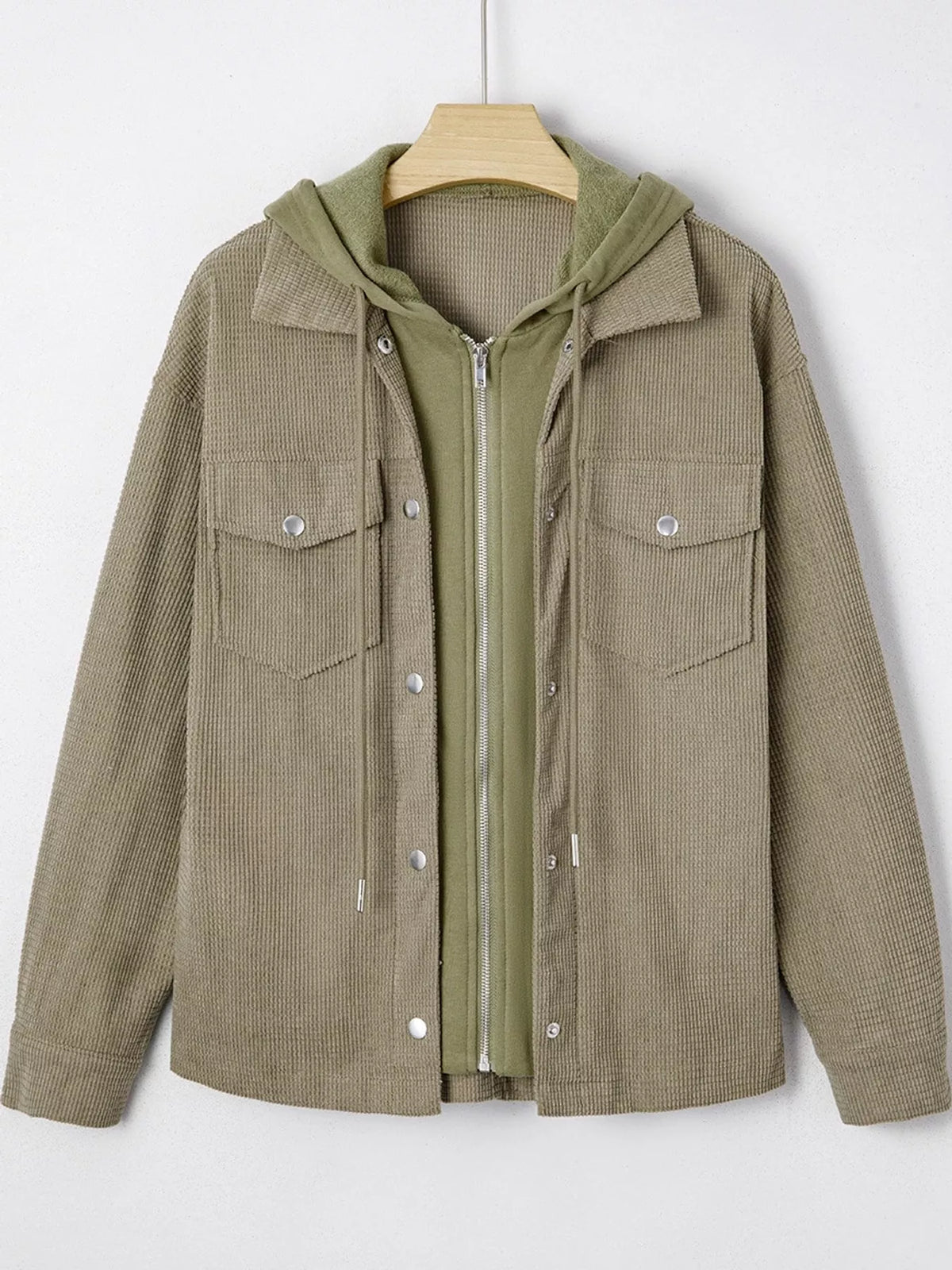 Olive textured long sleeve hooded jacket — front view