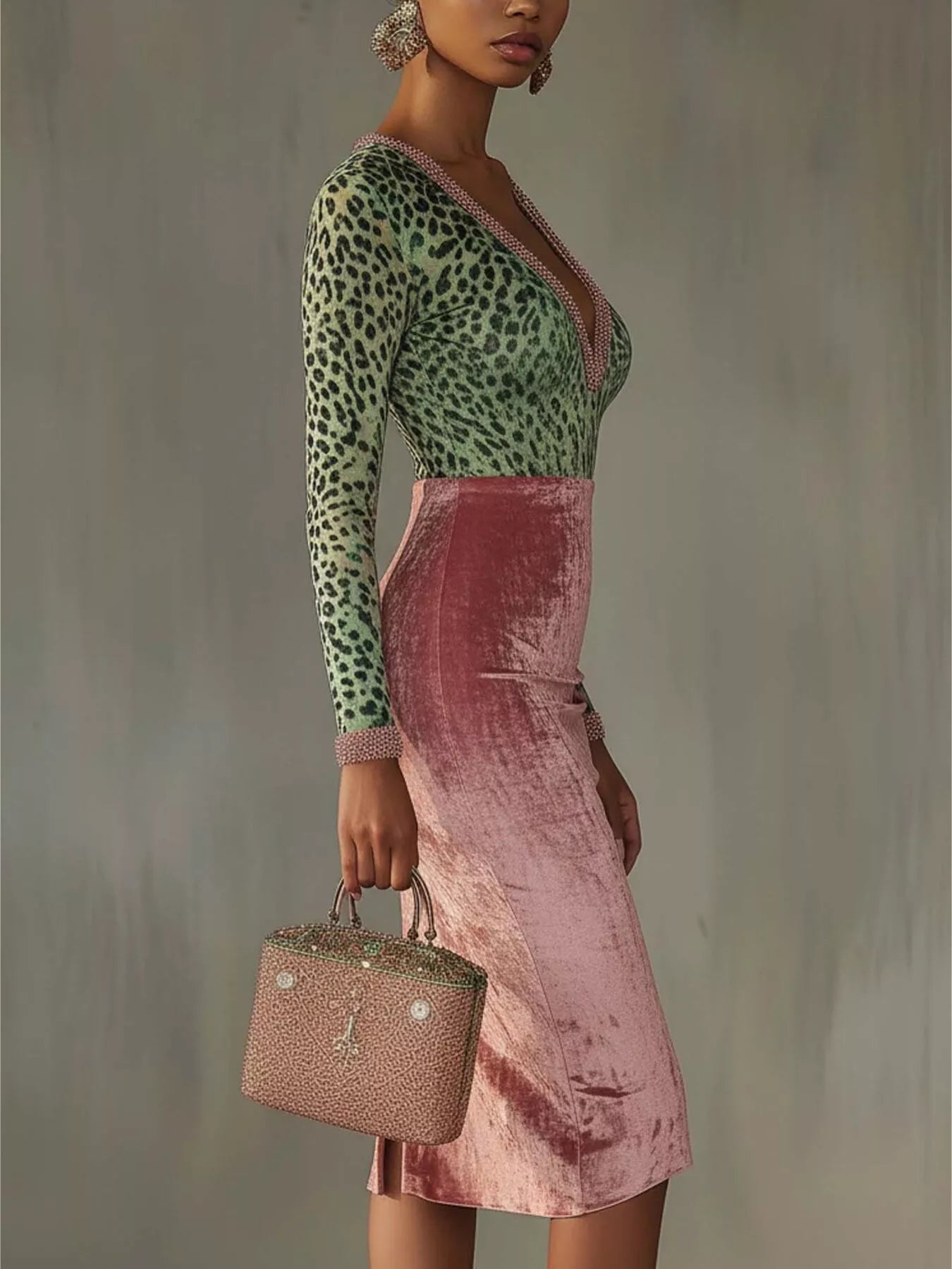 Trendsi Velvet Leopard Long-Sleeve Midi Dress -