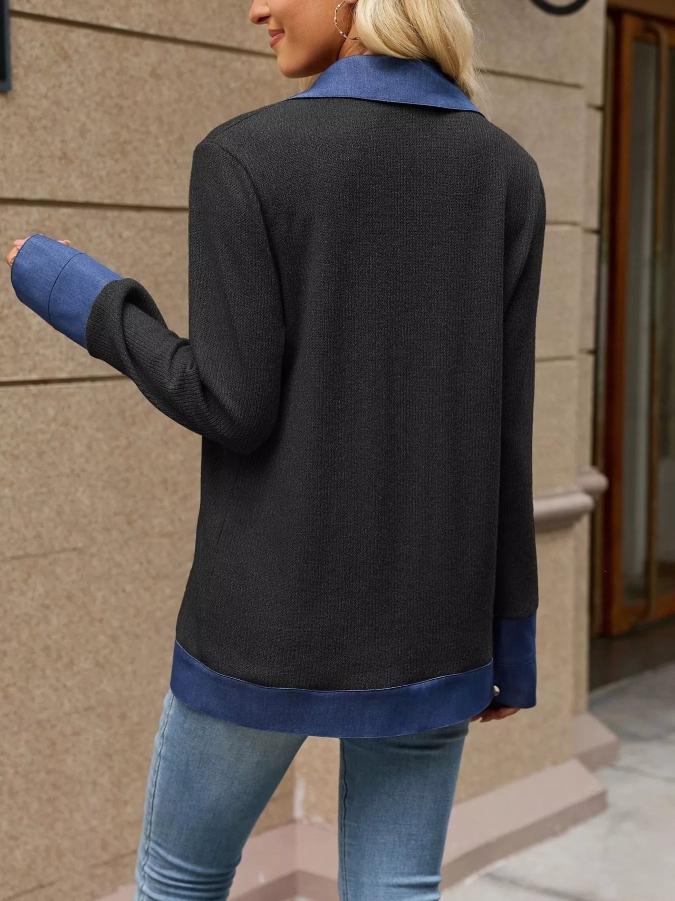 Trendsi Contrast Denim Lapel Collar Outerwear -
