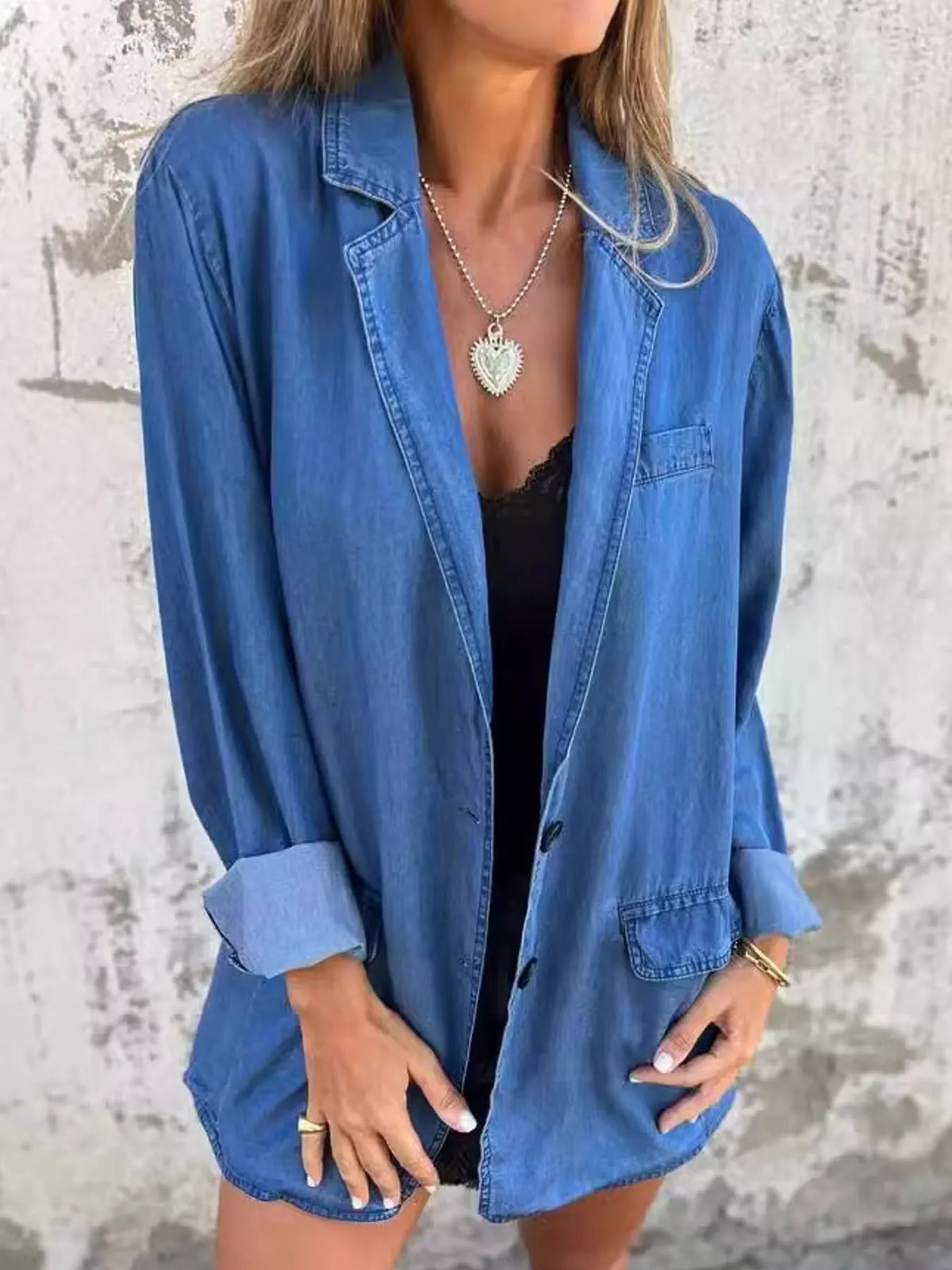 Lapel Collar Long Sleeve Denim Blazer in blue