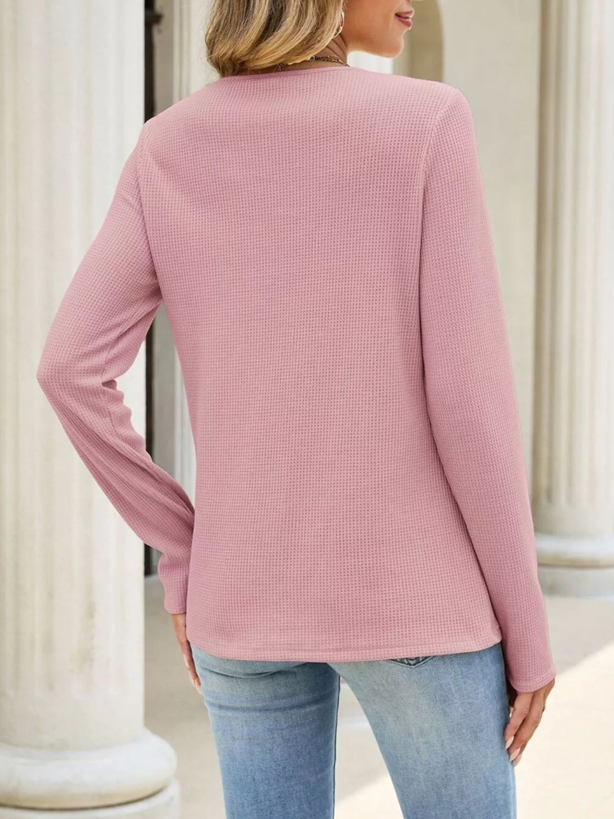 Trendsi Lace Panel Waffle Knit Long Sleeve T-Shirt -