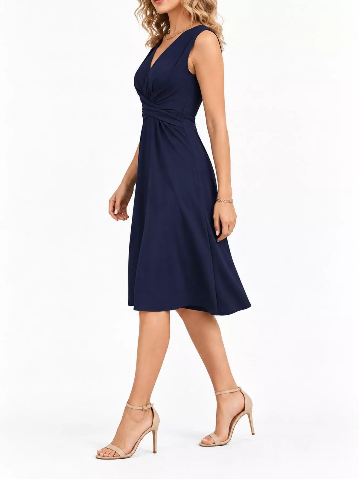 Navy sleeveless ruched-front midi dress, side view