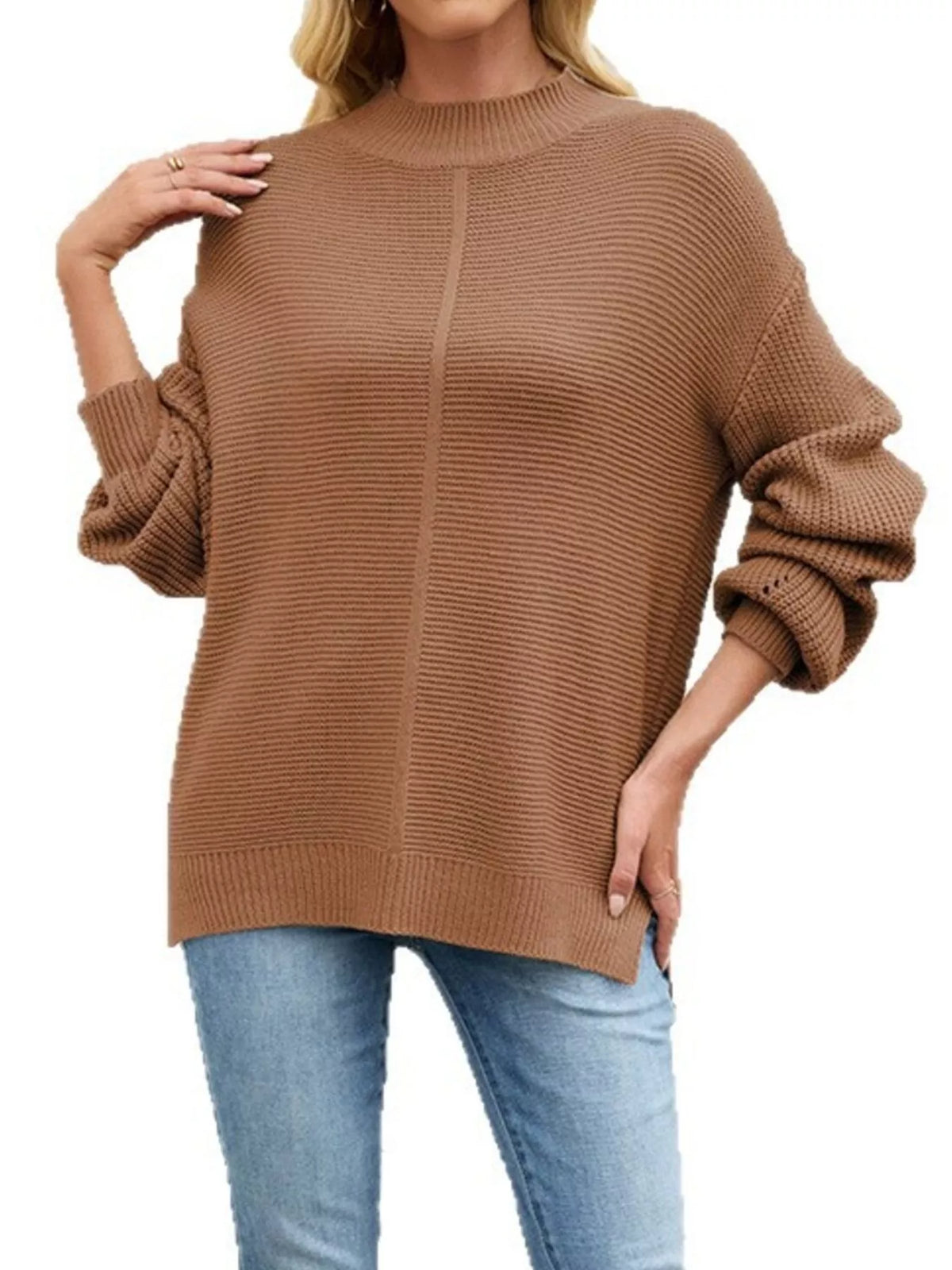 Trendsi Ribbed Mock Neck Drop Shoulder Sweater -