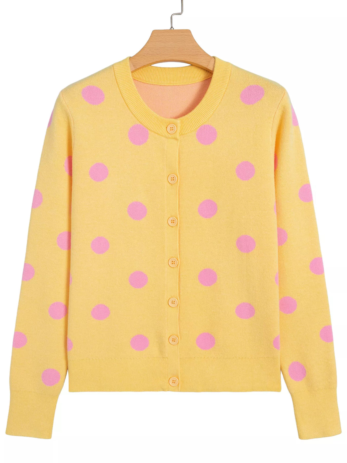 Polka Dot Button Front Long Sleeve Sweater Cardigan, front view