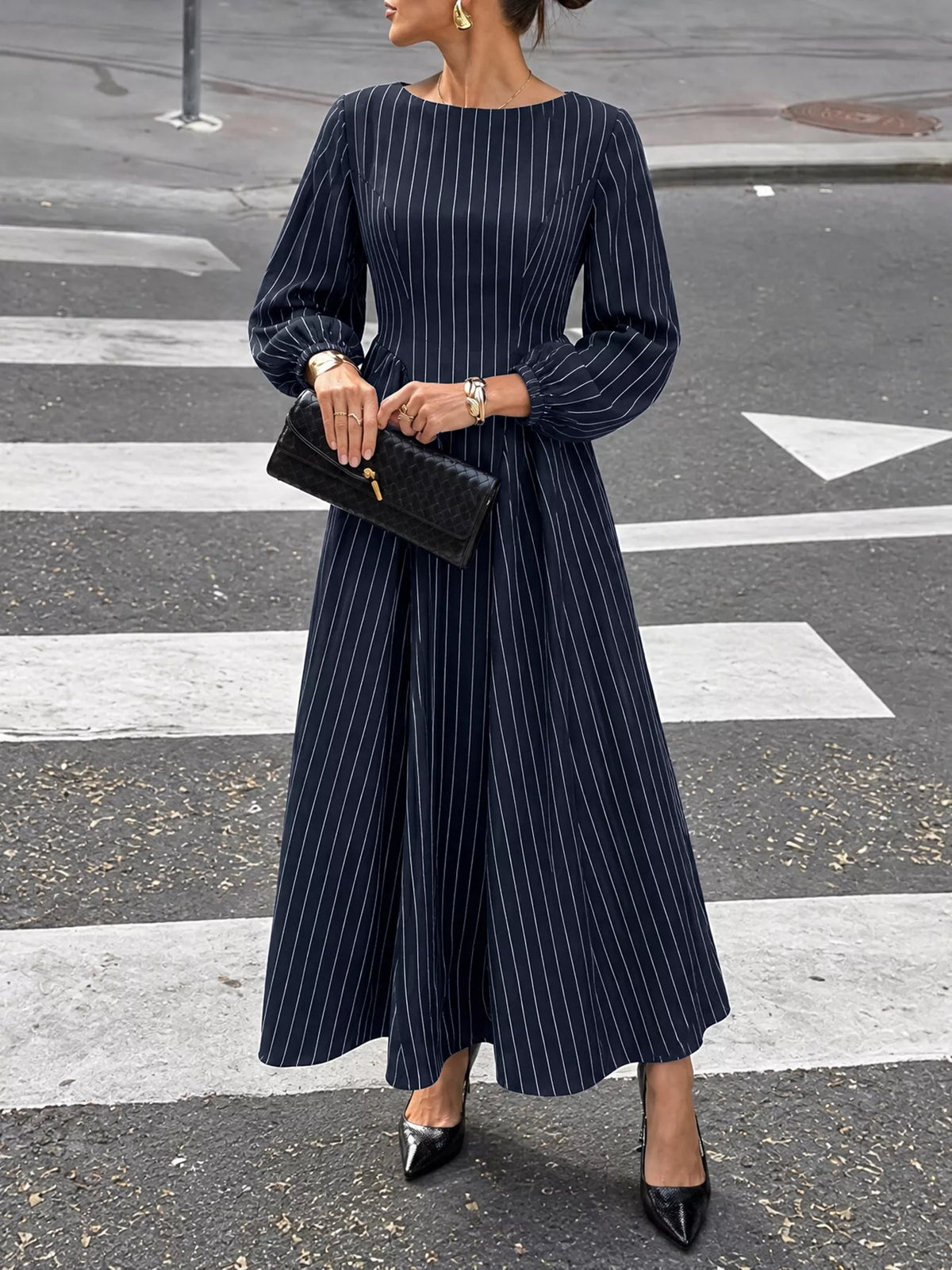Striped Balloon Sleeve Maxi Dress — front view