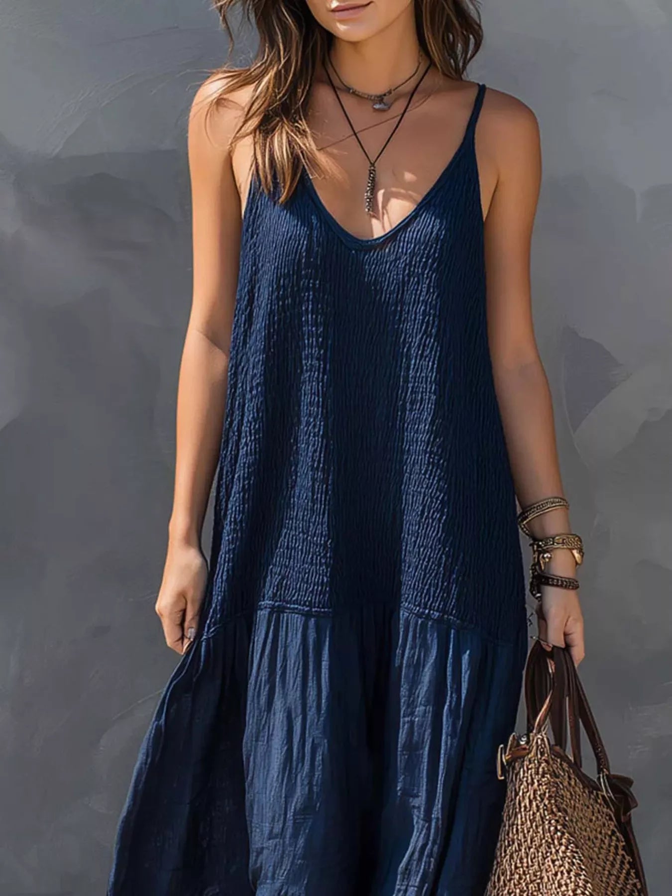 Trendsi Sleeveless Smocked V-Neck Casual Maxi Dress -
