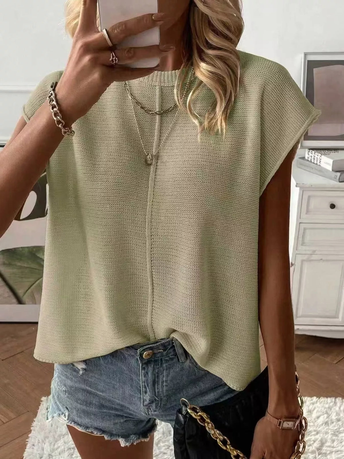 Women's Seam Detail V-Neck Sweater Vest in sage — front view