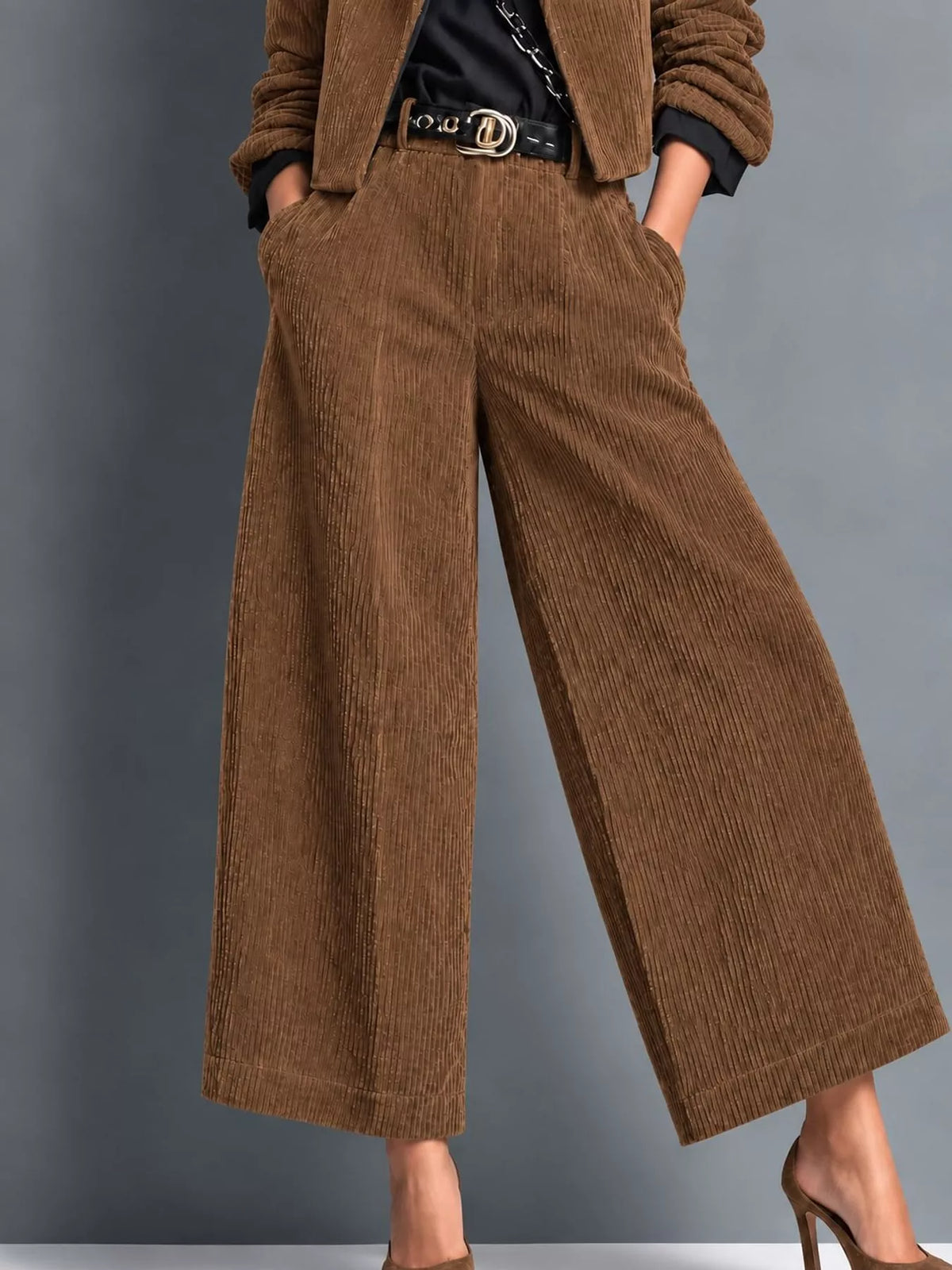 Corduroy Button Up Blazer and Pants Set in brown