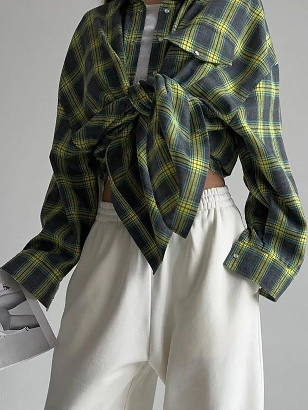 Green and yellow plaid button-down shirt