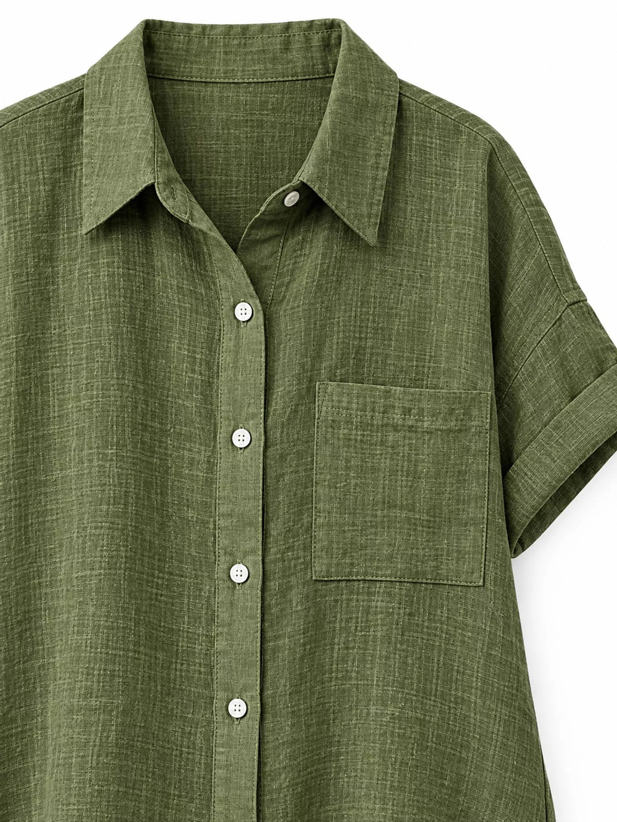 Women's Button Up Short Sleeve Shirt in olive — collar detail view