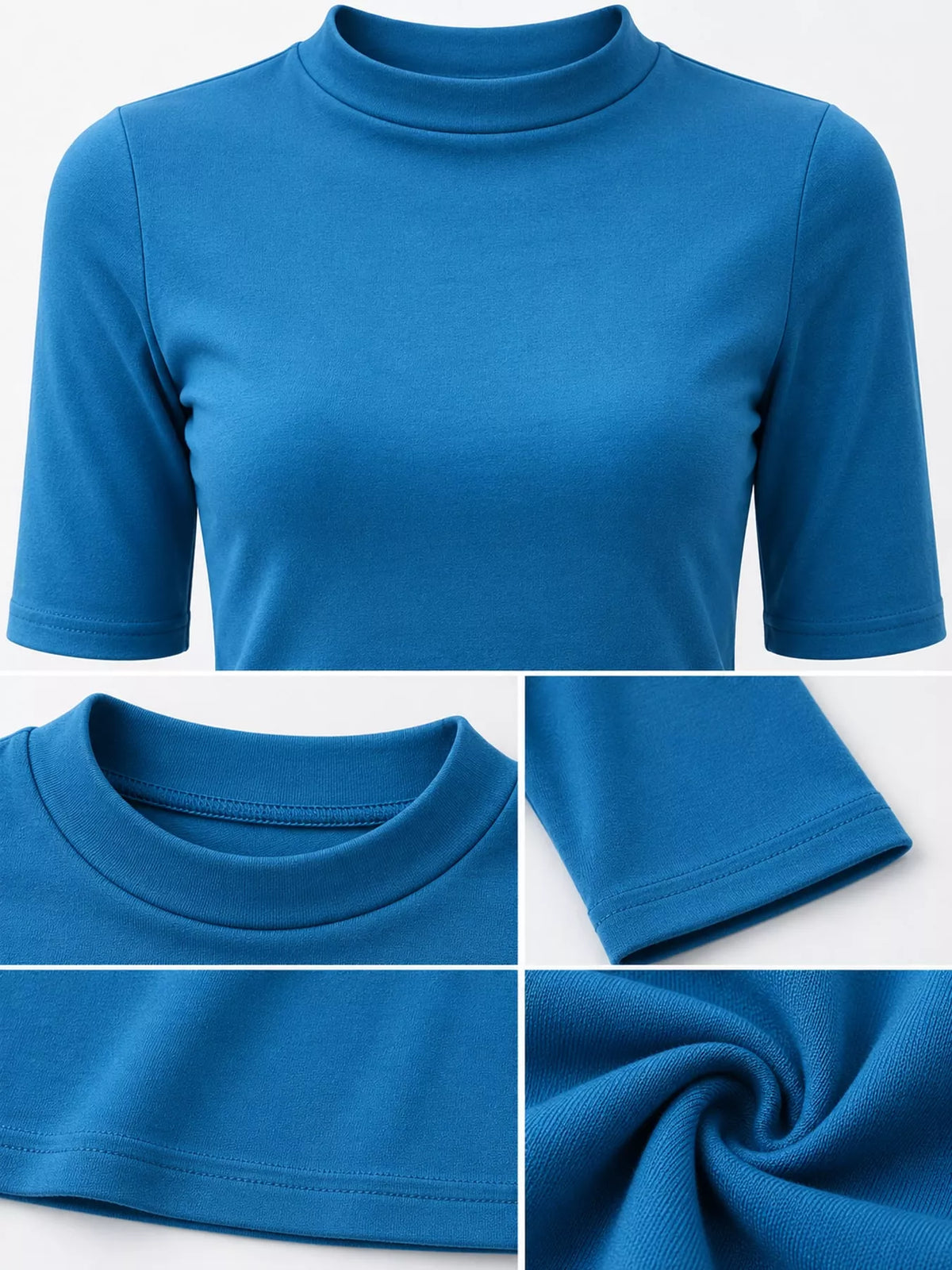 Blue mock neck half sleeve t-shirt, mock neckline and sleeve details