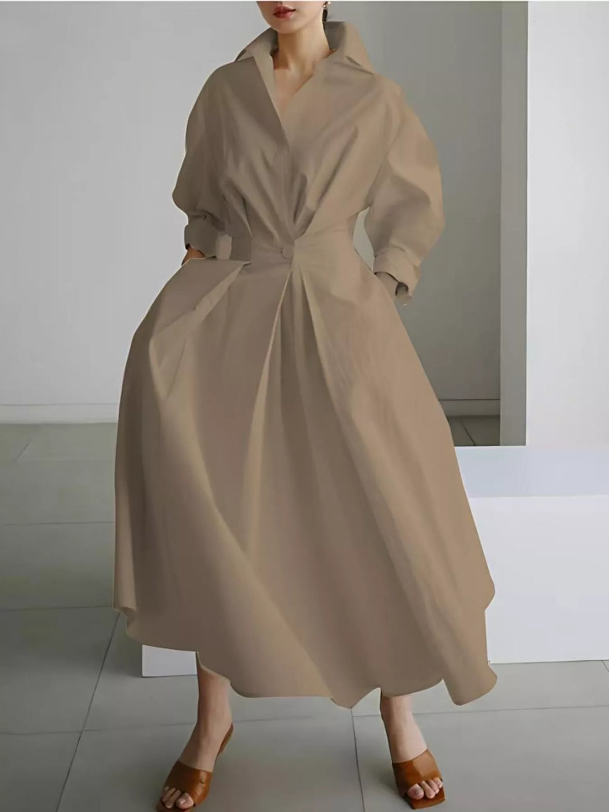 Collared Three-Quarter Sleeve Midi Shirt Dress — front view