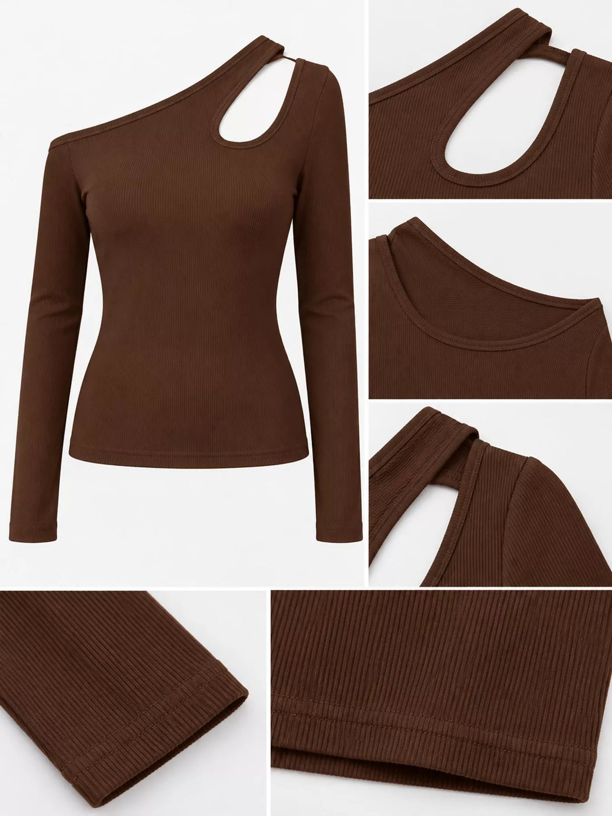 One-shoulder top, brown detail collage