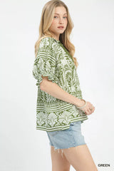 Trendsi Umgee Two Tone Boarder Print Top -
