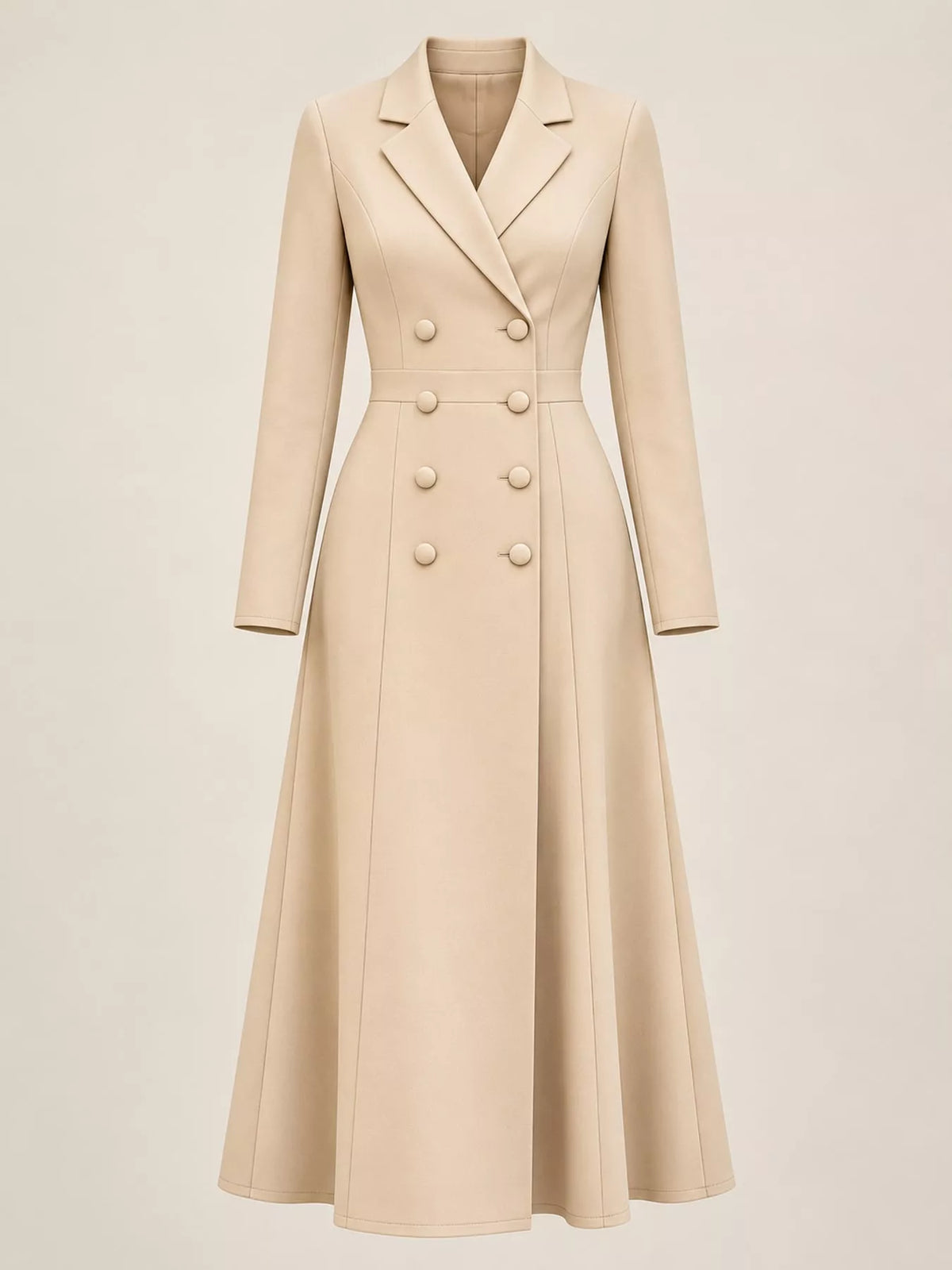 Beige double-breasted lapel collar midi dress — front view