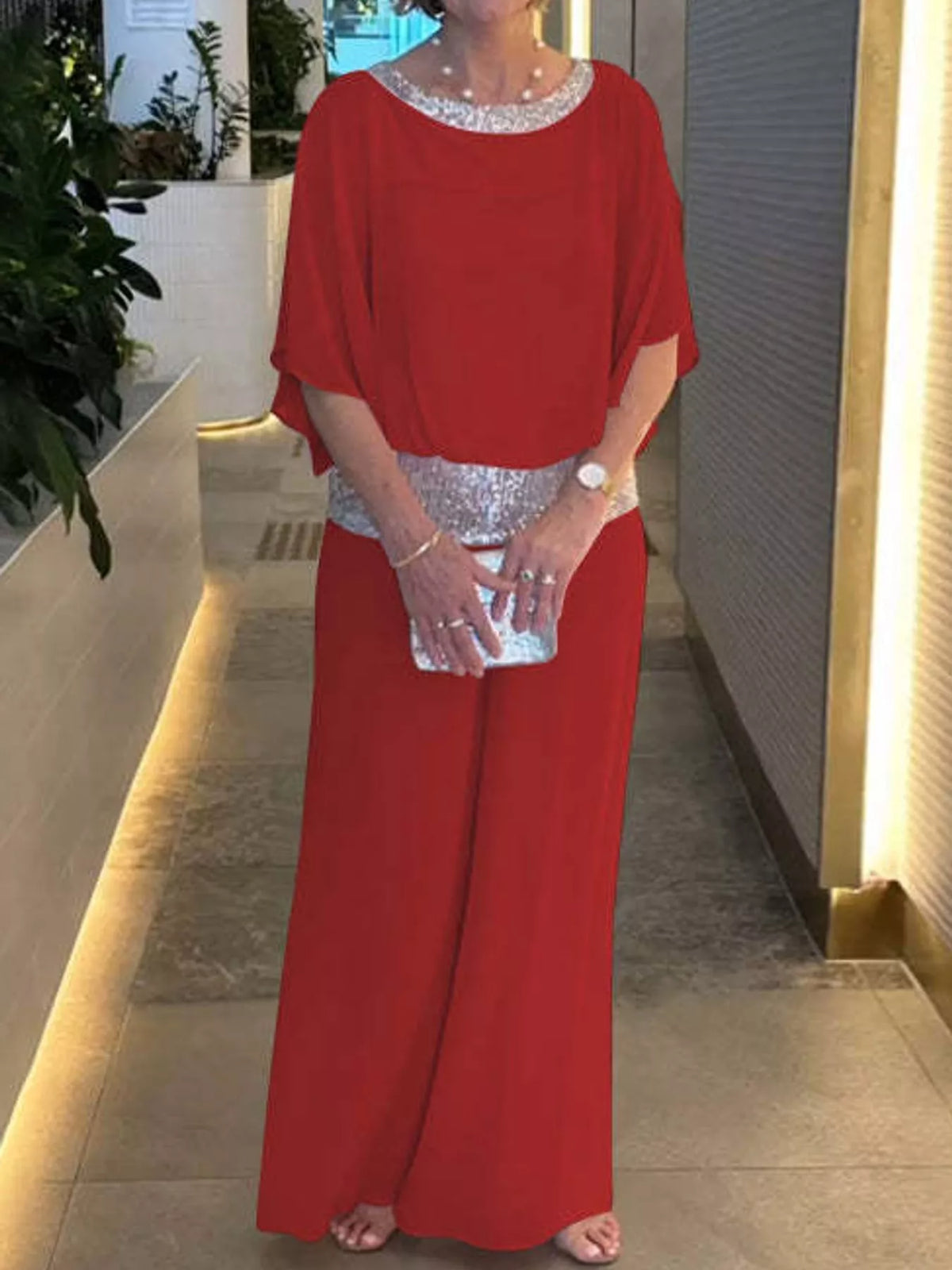 Chiffon Top and Wide-Leg Pants Set — front view